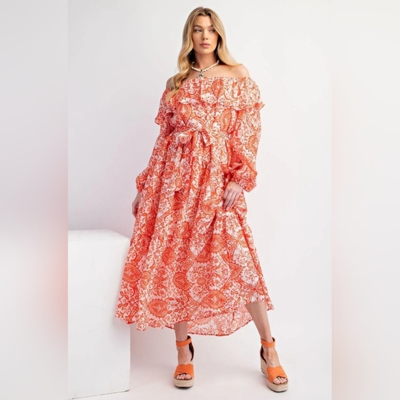 NEW!!! Easel Elegant Orange Long Sleeve Paisley Off-Shoulder Dress,NWT